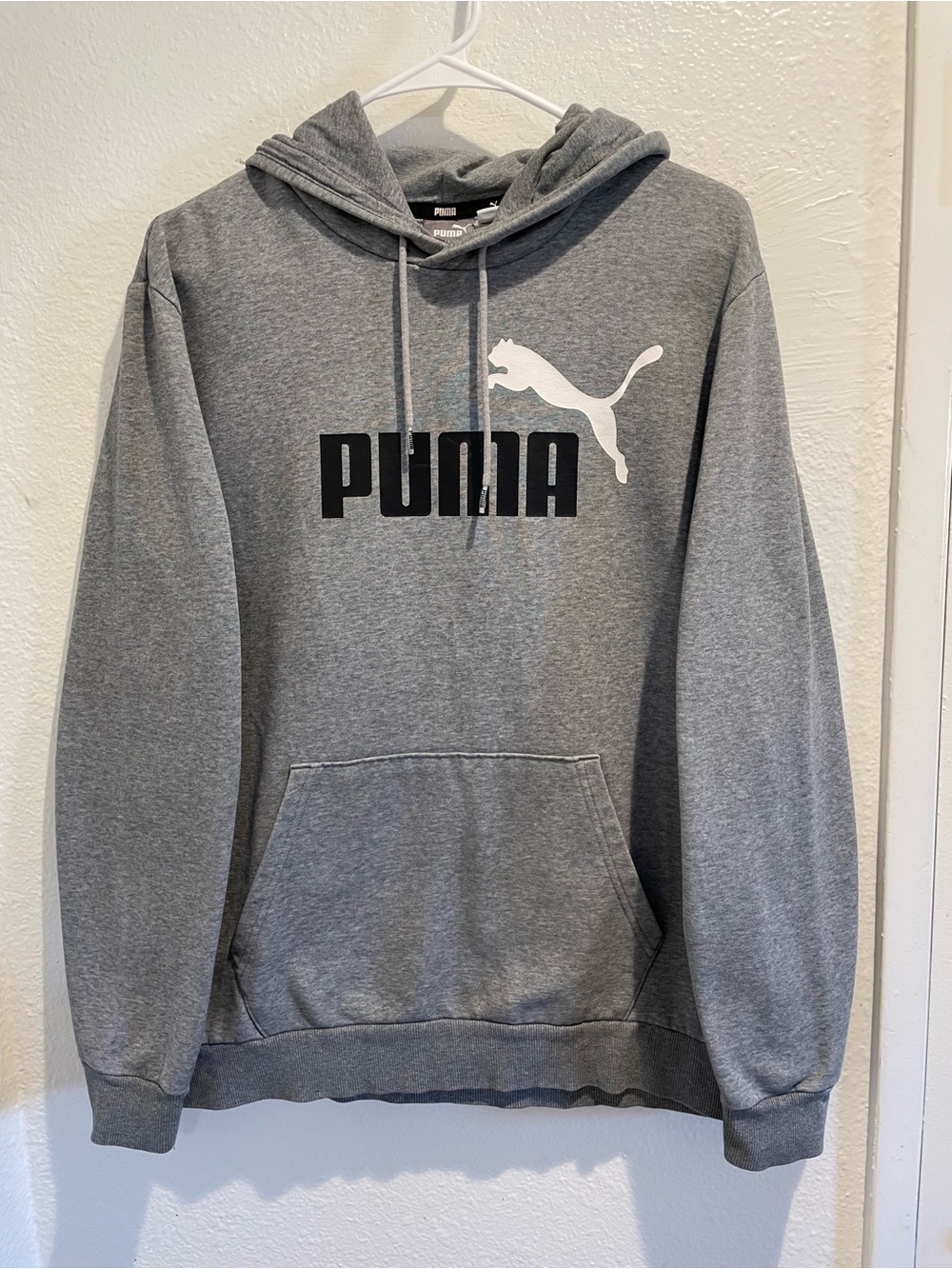 Puma Essentials Hoodie Mens Large Gray Fleece Big Logo Pullover Sweatshirt L